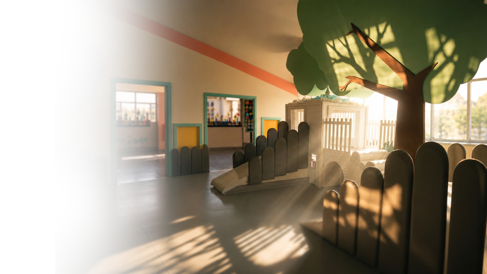 A Poupon City classroom with a giant paper tree and picket-fence play area