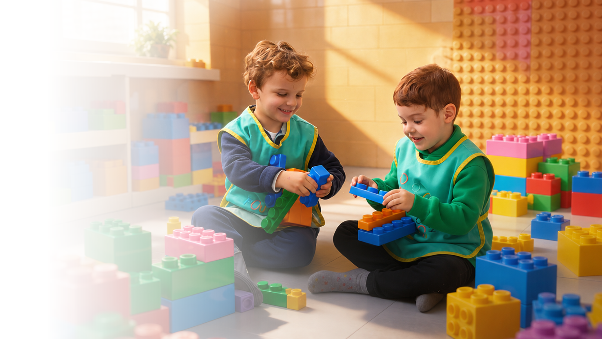 Two children building with colourful blocks at Poupon City
