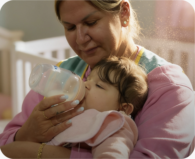 A caregiver feeding an infant a bottle at Poupon City